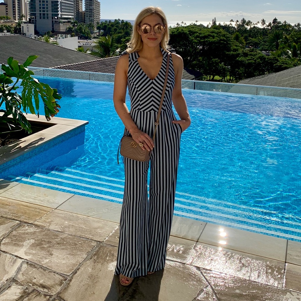 Charles Henry Tie Shoulder Stripe Jumpsuit pls note; inseam is 28